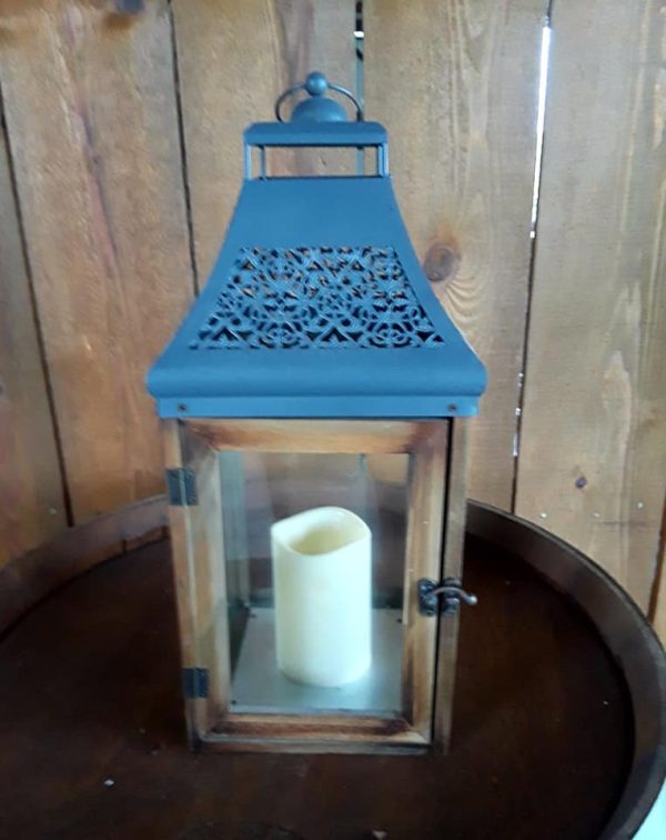 Wood-metal lantern with faux candle