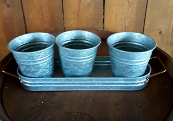 3 tin buckets with tray