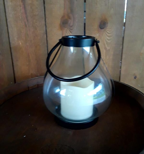 Black metal lantern with faux candle
